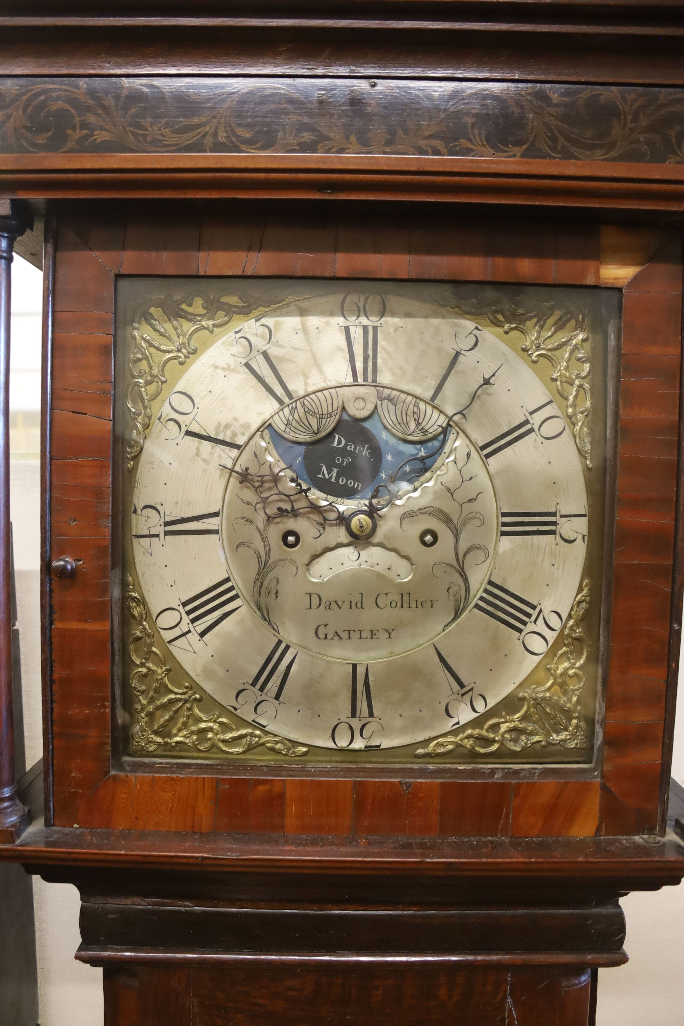 A George III oak and mahogany 8 day long case clock, with moonphase, marked “David Collier Gatley”. H-206cm.